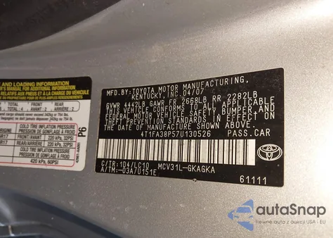 2007 Toyota Camry Solara Sle z USA, uszkodzony, nr VIN 4T1FA38P57U130526